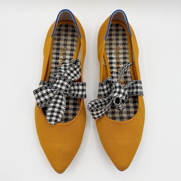 Rothys Shoes - Rothy's The Mary Jane Golden Gingham Yellow Houndstooth Bow Flat Size 9.5